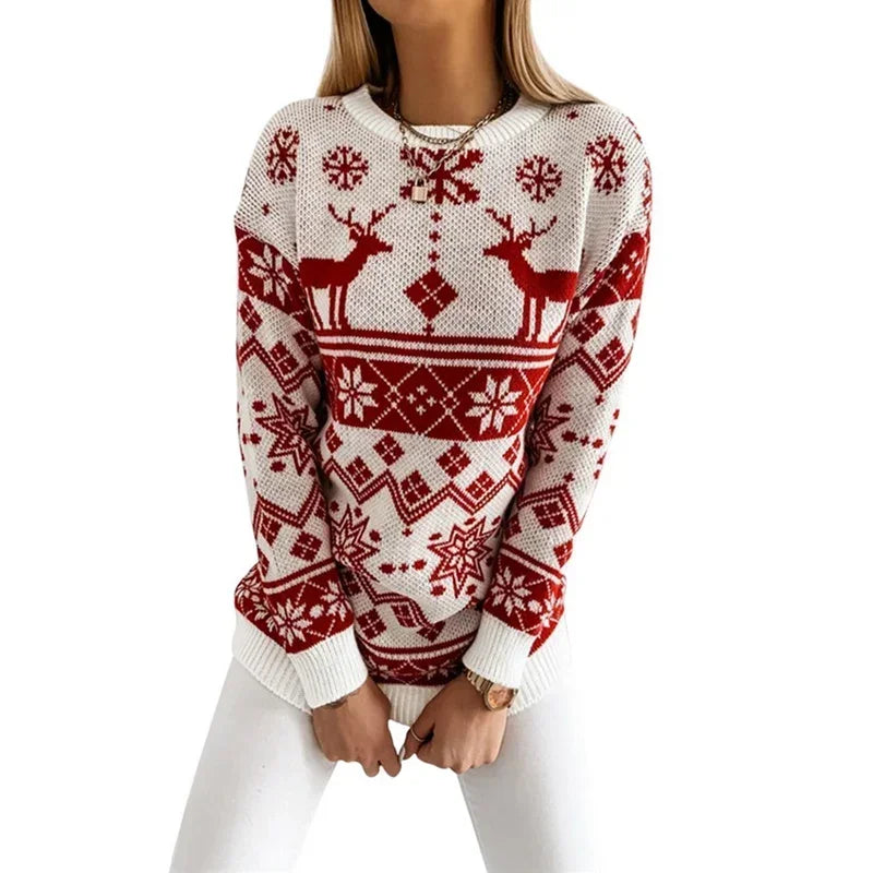 Deer Print Casual Loose Long Sleeve O Neck Warm Jacquard Knitwear Christmas Sweater Red / S