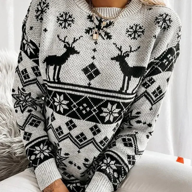 Deer Print Casual Loose Long Sleeve O Neck Warm Jacquard Knitwear Christmas Sweater Sweaters-L