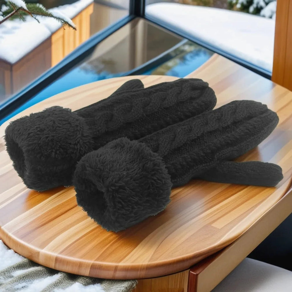 Warm Full Finger Thickened Winter Knitted Fleece Christmas Gloves For Men And Women Black Gloves-L