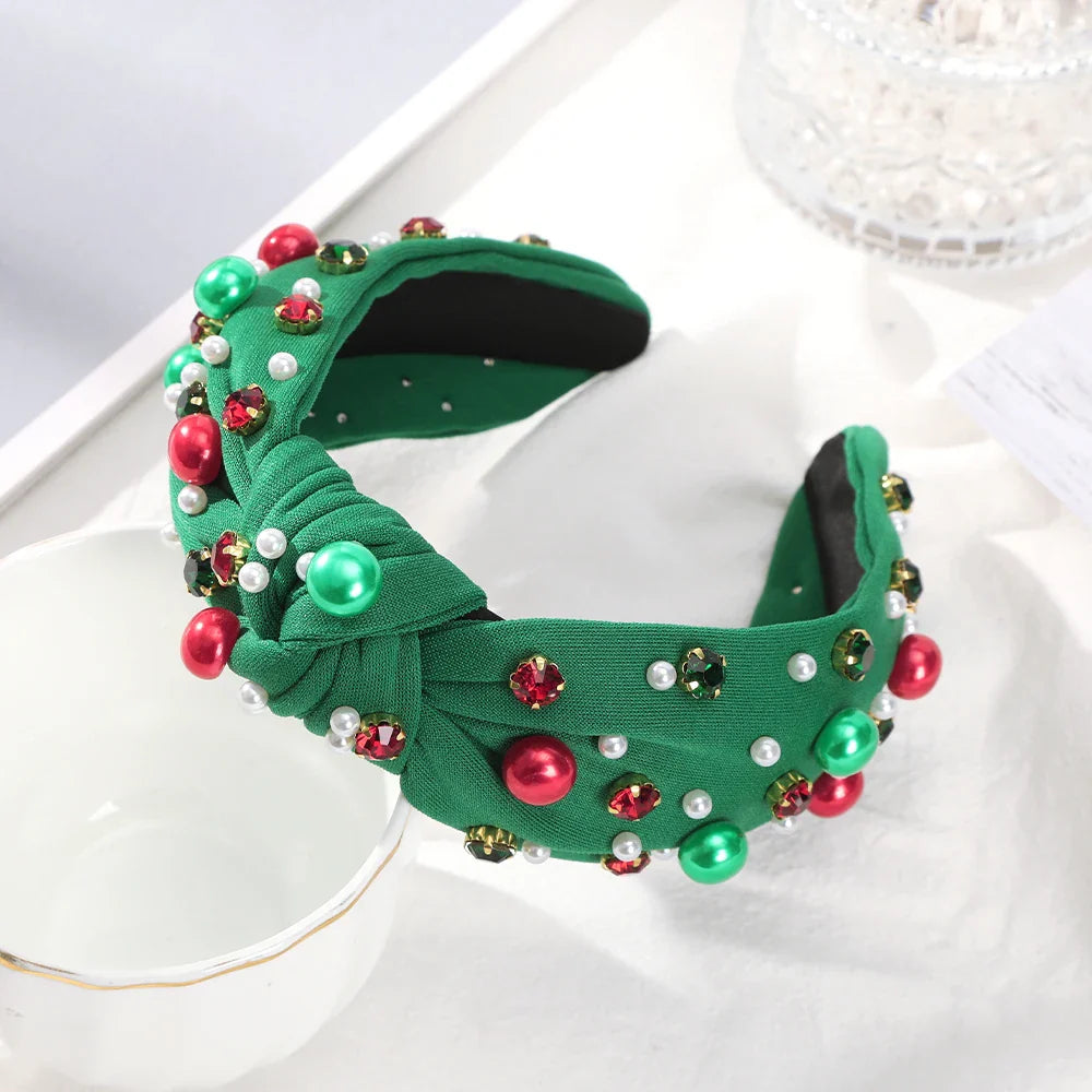 Festive Red Winter Wide Knotted Christmas Hair Accessory With Imitation Pearls Green Accessories-L