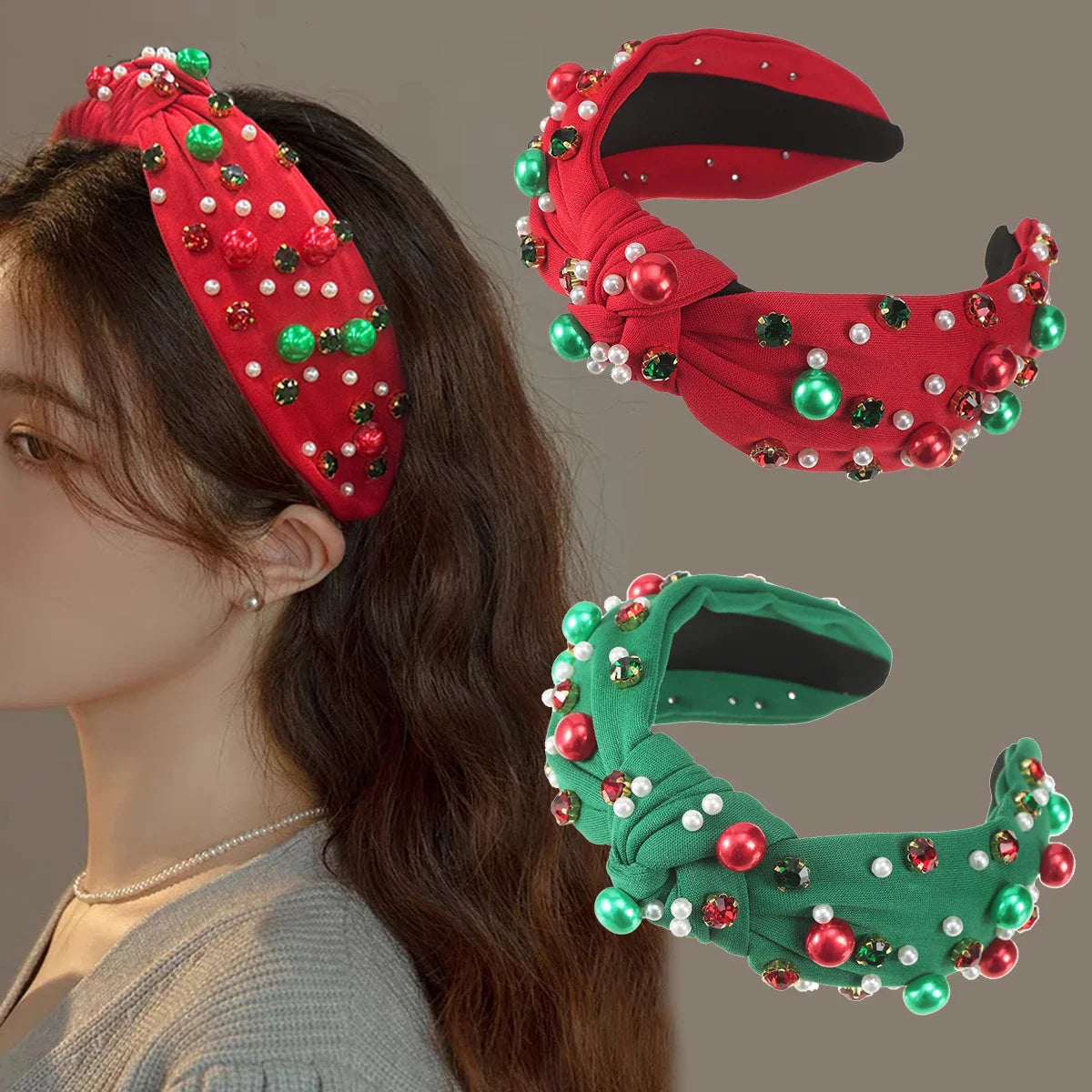 Festive Red Winter Wide Knotted Christmas Hair Accessory with Imitation Pearls