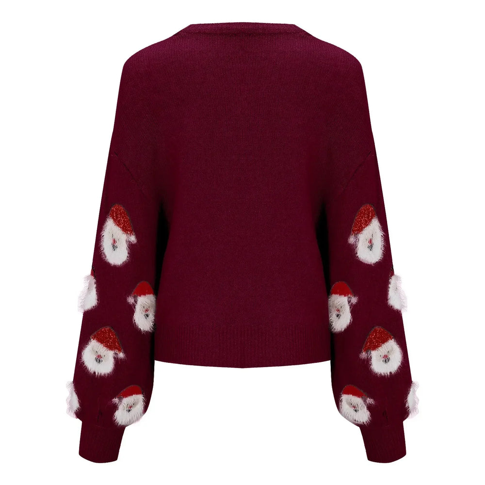Round Neck Casual Oversized Warm Christmas Santa Head Sweater Sweaters-L