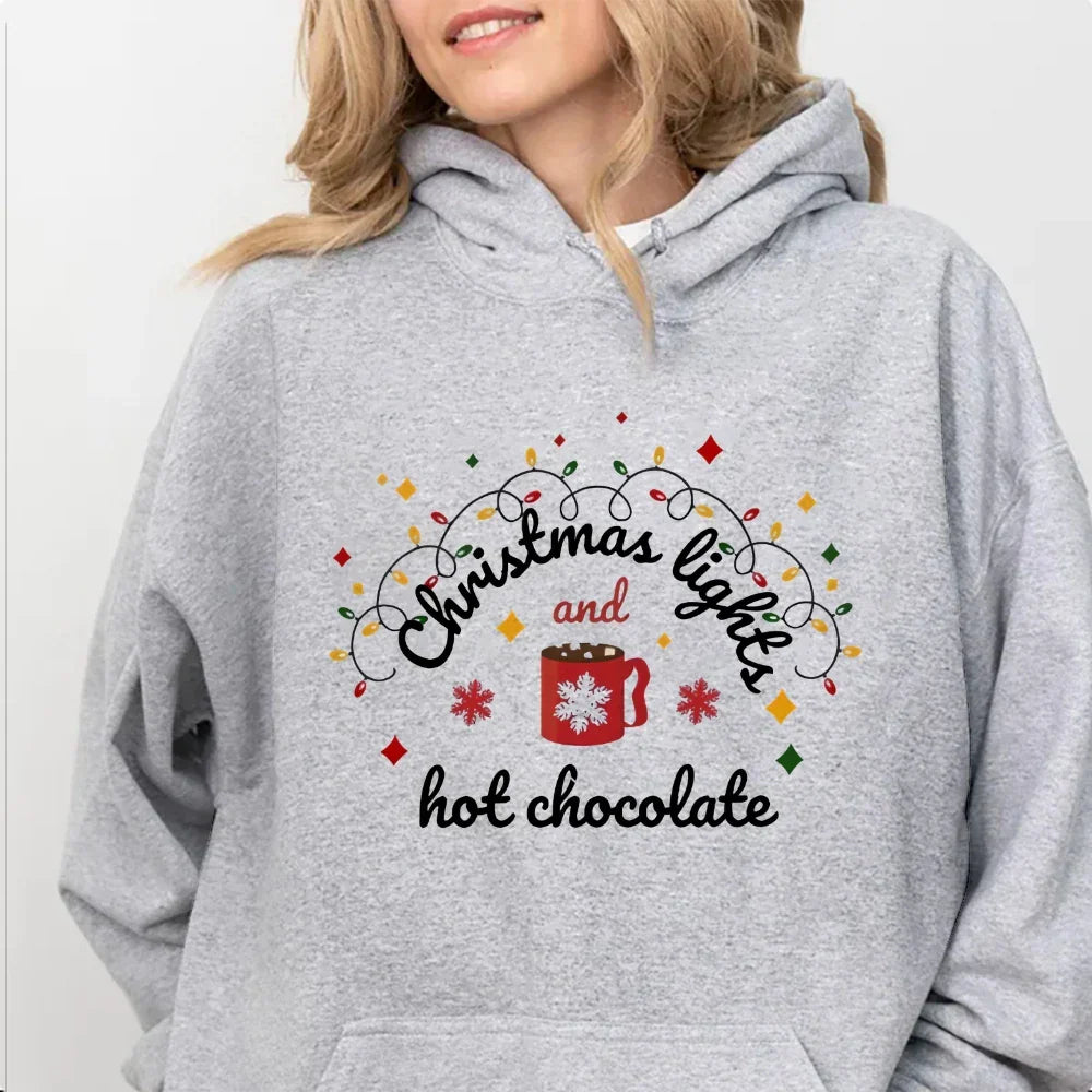 Christmas Lights Hot Chocolate Merry Bright Festive Family Hoodie Light Grey / S Hoodies-L