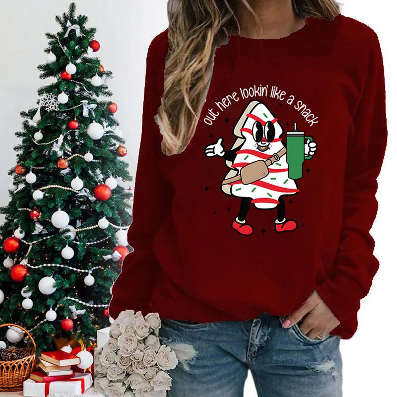 Snack Print Round Neck Christmas Hoodie - Casual Long Sleeve Hoodies-L
