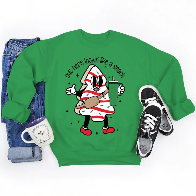 Snack Print Round Neck Christmas Hoodie - Casual Long Sleeve Green / S Hoodies-L