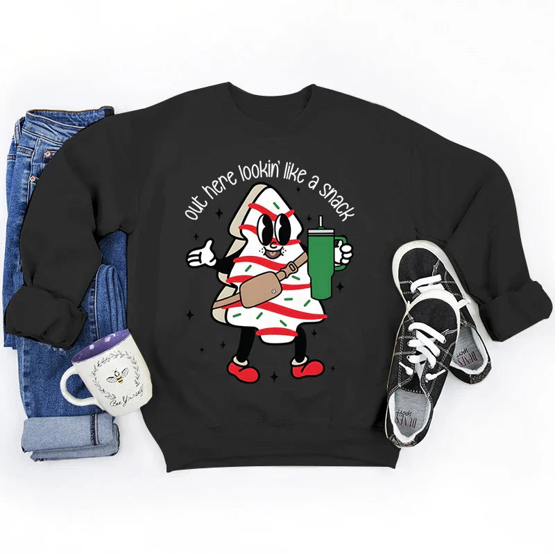 Out Here Lookin’ Like A Snack Print Round Neck Casual Long Sleeve Christmas Hoodie Black / S