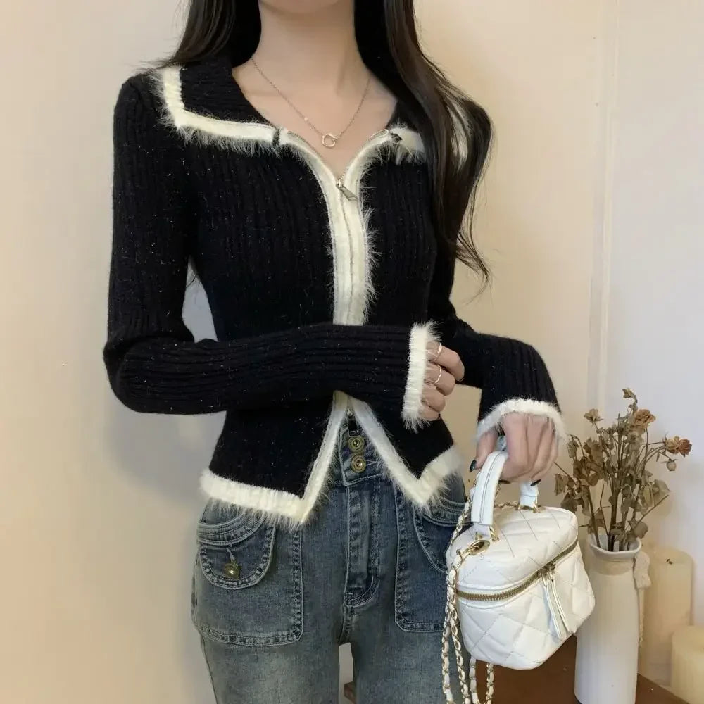Plush Knitted Slim-Fit Zipper Cardigan Black / S Cardigan-241208
