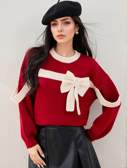 Red Bow Winter Patchwork Soft Long Sleeve Christmas Sweater