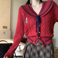 Korean Stylish Drawstring Bow Vintage Red Cardigan Christmas Sweater Sweaters-L