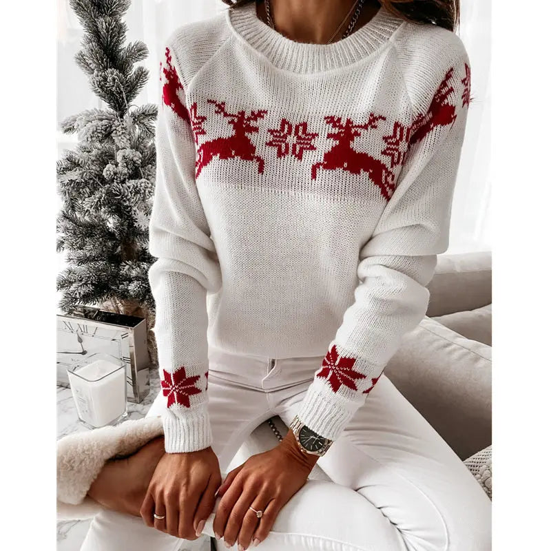 Casual Long Sleeve O-Neck Pullover Deer Knitted Christmas Sweater Sweaters-L