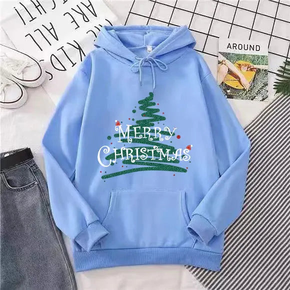 Sporty Printed Casual Long Sleeve Christmas Hoodie For Women Sky Blue / S Hoodies-L