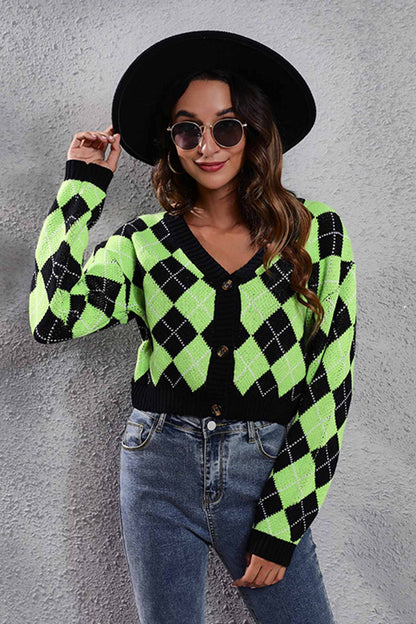 Color Patchwork Argyle Knitted Cardigan