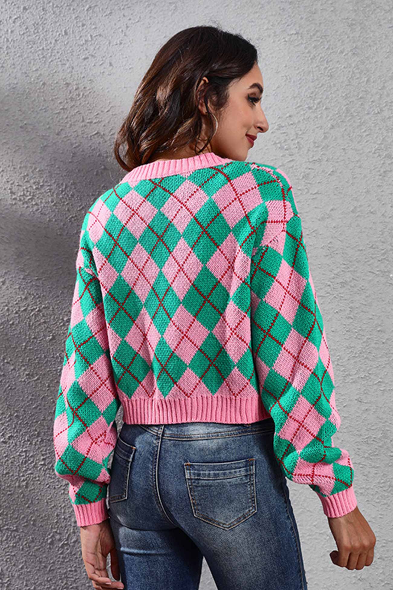 Color Patchwork Argyle Knitted Cardigan