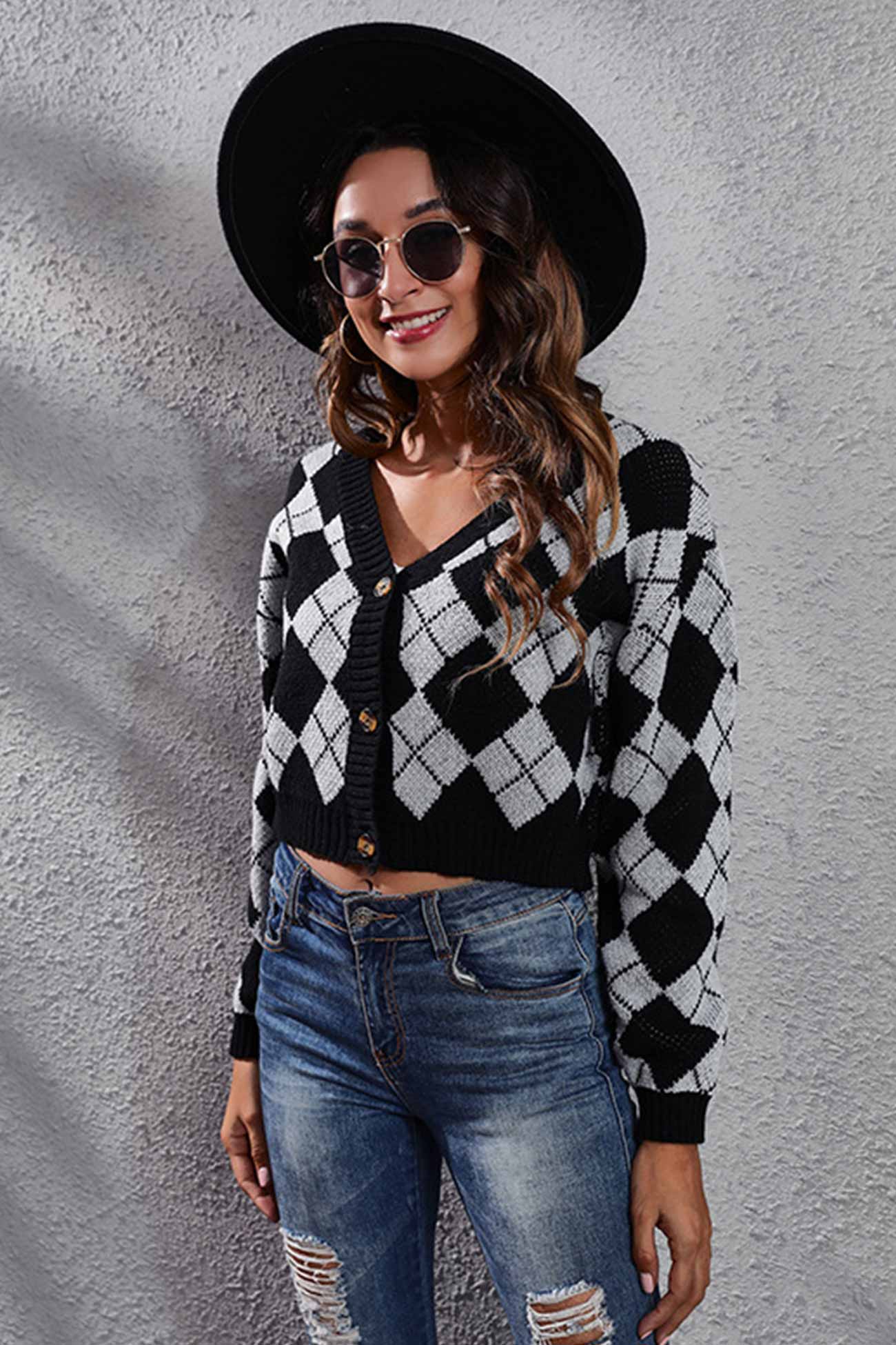 Color Patchwork Argyle Knitted Cardigan