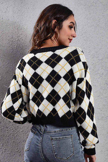 Color Patchwork Argyle Knitted Cardigan