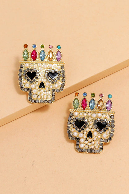 Colorful Rhinestone Pearl Skull Earrings