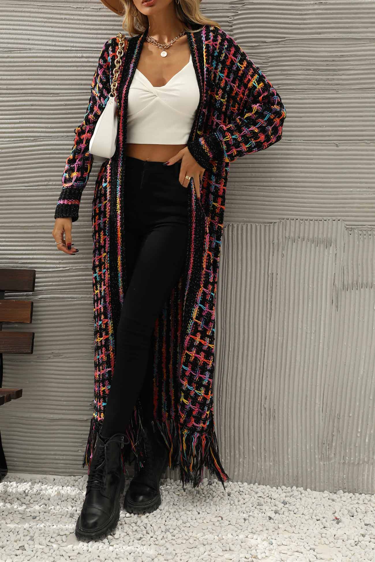 Contrast Fringe Hem Open Front Long Cardigan