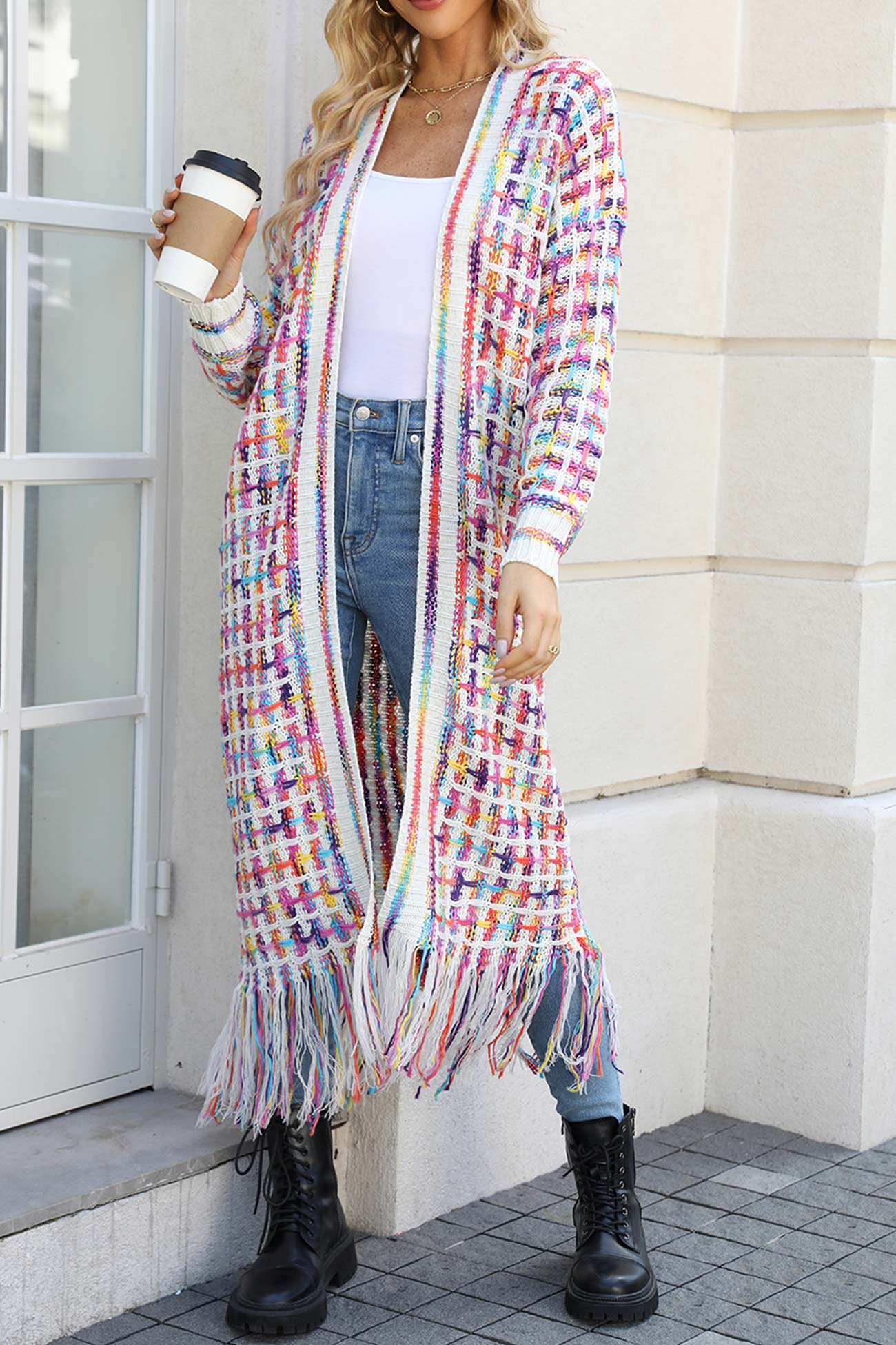 Contrast Fringe Hem Open Front Long Cardigan