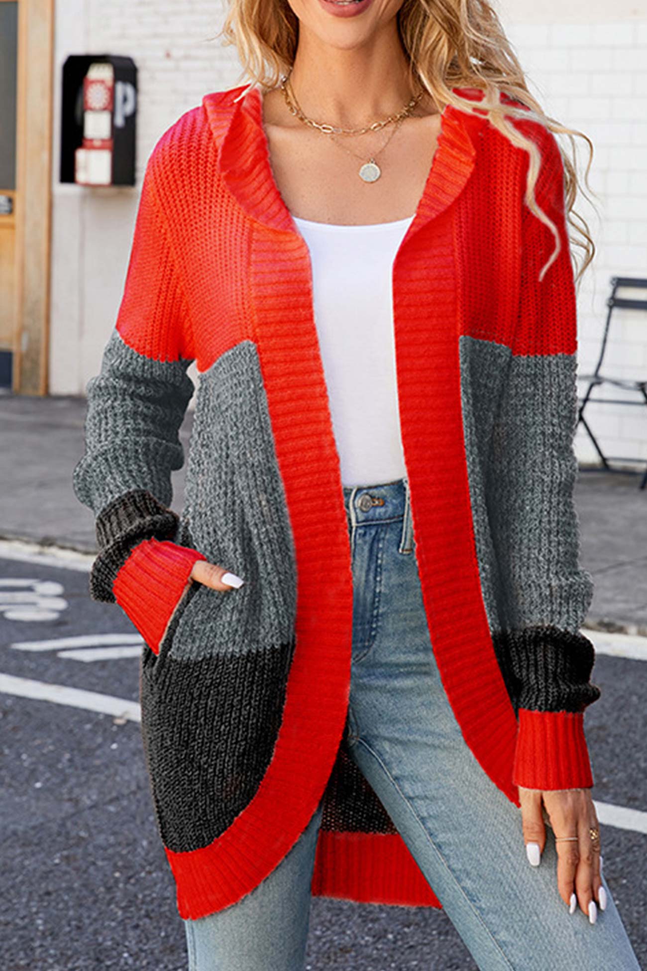 Contrast Patchwork Open Front Hooded Cardigan