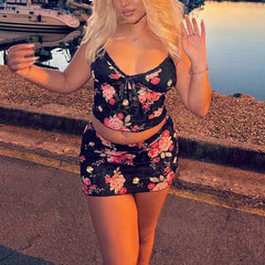 Floral Lace V Neck Spaghetti Strap Crop Top Mini Pencil Skirt Two Pieces Set twopiecesset-250126