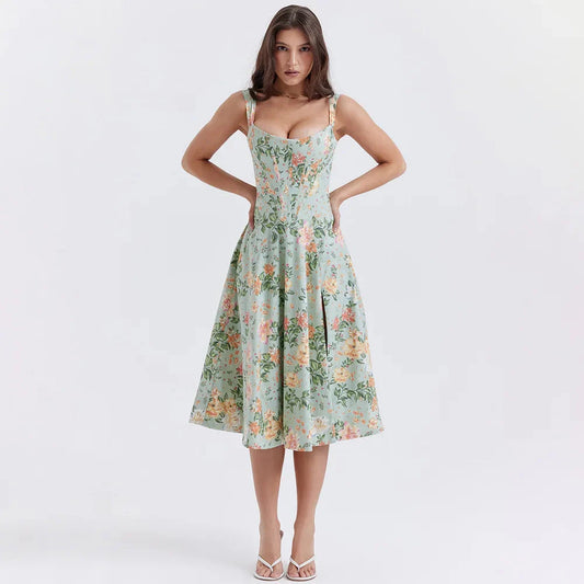 Cottagecore Floral Corset Midi Dress