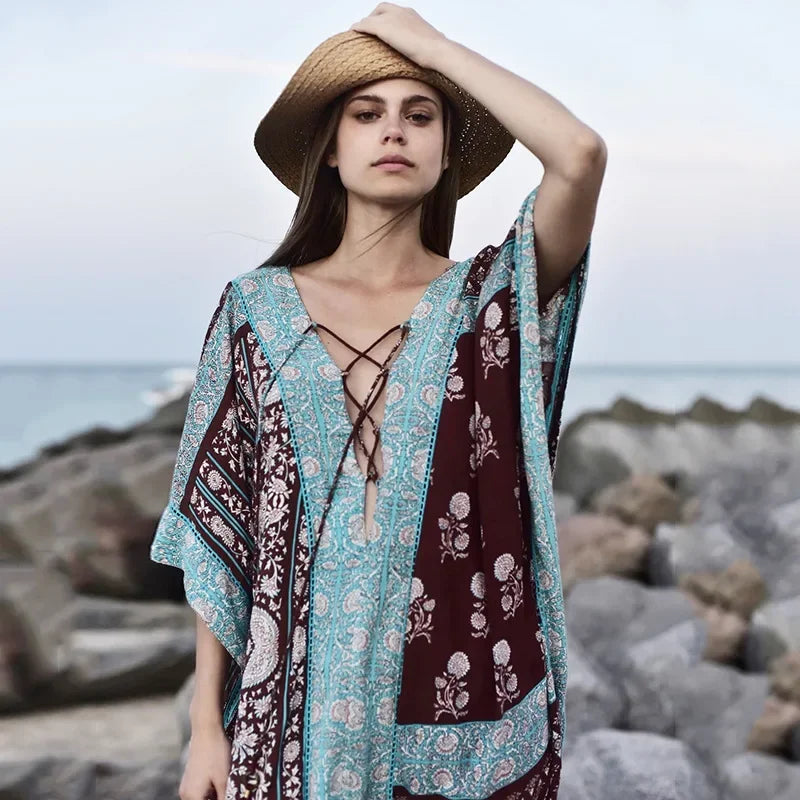 Cotton Floral Print Smock Frock Boho Cover up as picture show / One Size bohocoverup-250126
