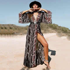 Cotton Rayon Kimono Boho Bikini Cover up Long Sleeve Dark Brown / One Size bohocoverup-250126
