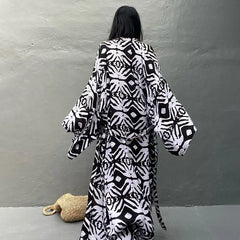 Cotton Rayon Printed Self Belted Maxi Boho Cover up MULTI / One Size bohocoverup-250126