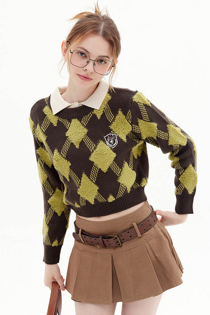 Crew Neck Plaid Patchwork Sweater