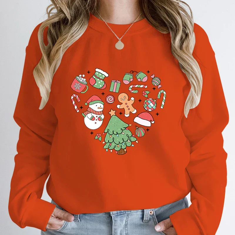Cute Heart Tree Snowman Fashion Loose Round Neck Christmas Hoodie Orange / S Hoodies-L