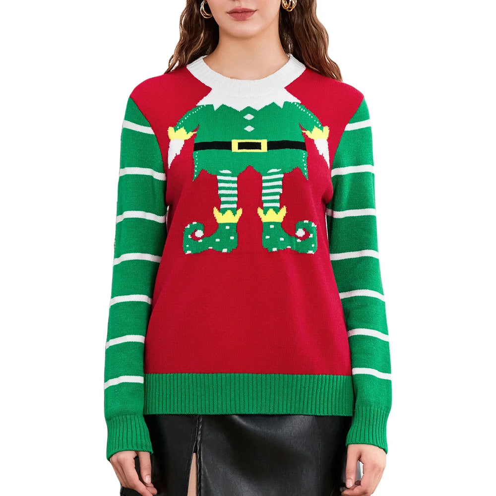 Cute Trendy Elf Legs Print Crew Neck Warm Fall Winter Streetwear Christmas Sweater Green 2 / S