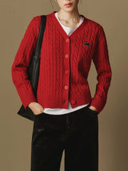 Dark Red Wool V-Neck Cable Cardigan / M Cardigan-241208
