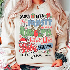 Dance Frosty Shine Rudolph Give Santa Love Jesus Slogan Retro Christmas Hoodie White / S Hoodies-L