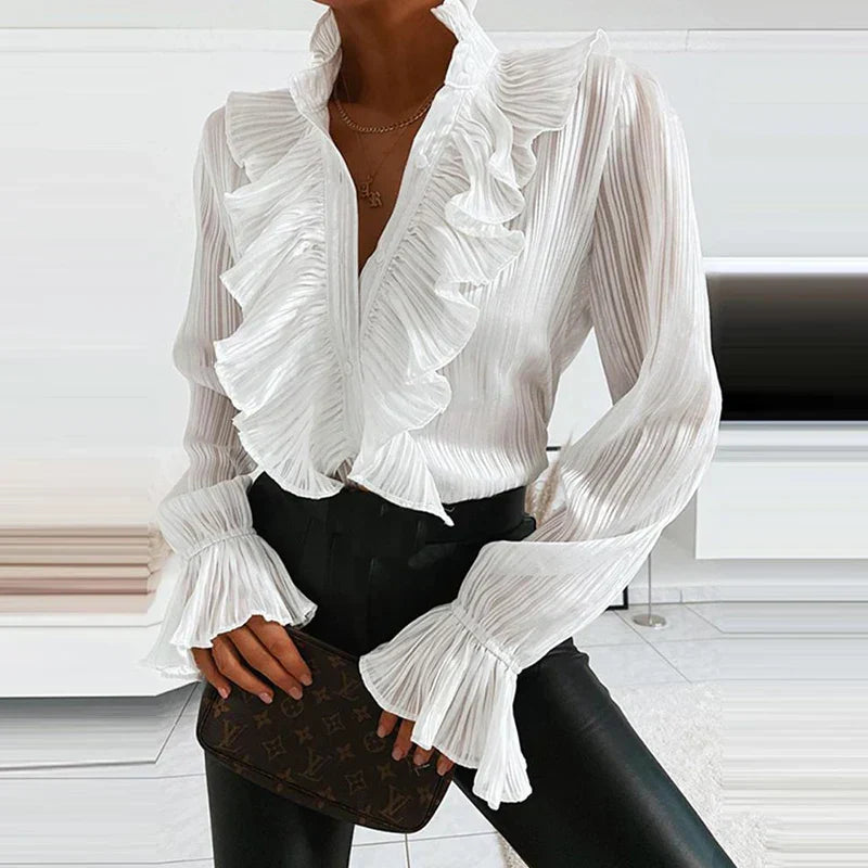 Denim Ruffled V Neck Pleated Blouse blouse-250126