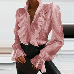 Denim Ruffled V Neck Pleated Blouse Pink / S blouse-250126