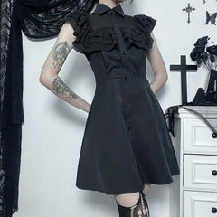Gothic Ruffled Mesh Splicing A-Line Black Dress