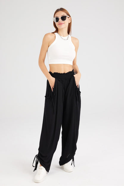 Drawstring Shirred Waist Wide Leg Trousers