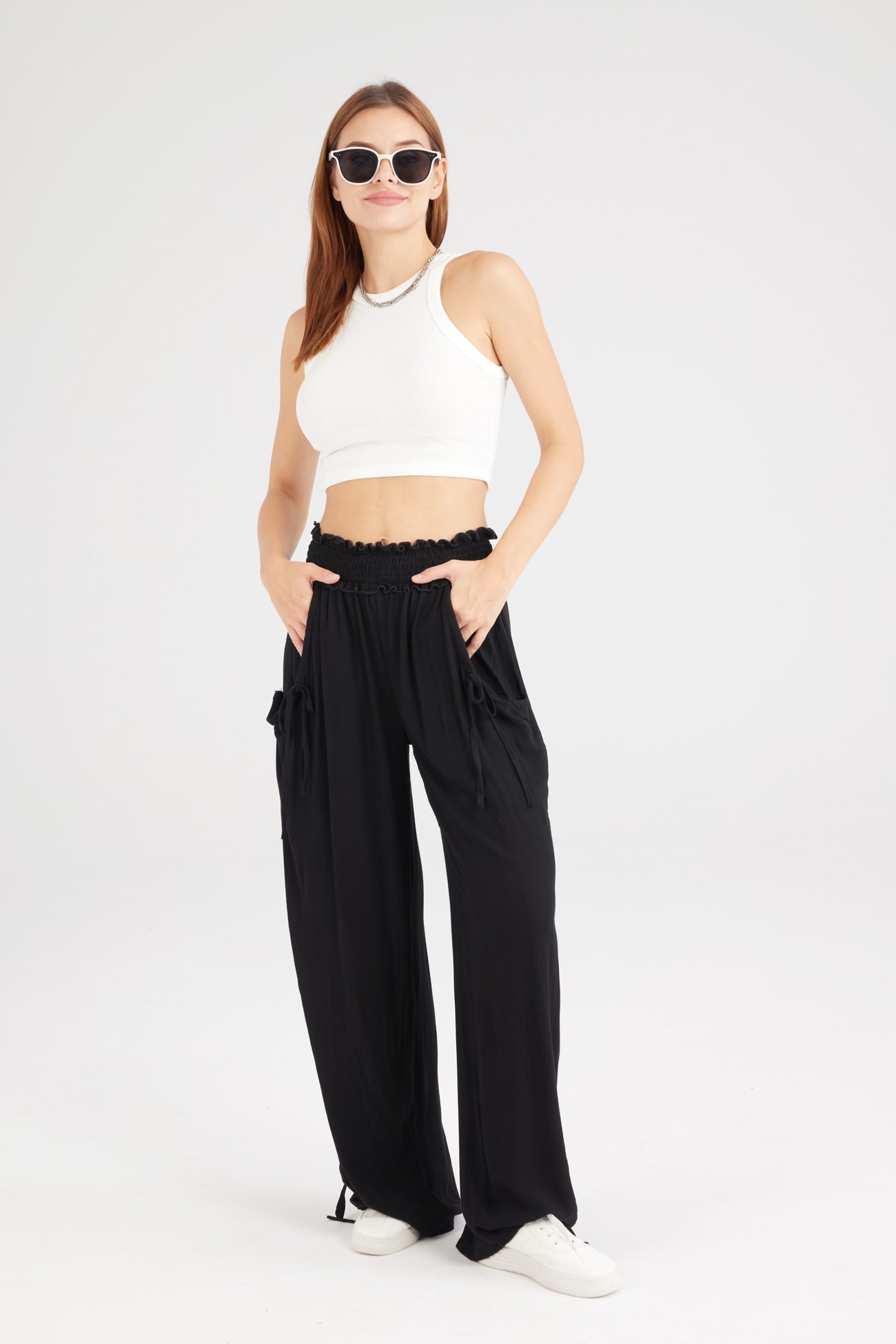 Drawstring Shirred Waist Wide Leg Trousers