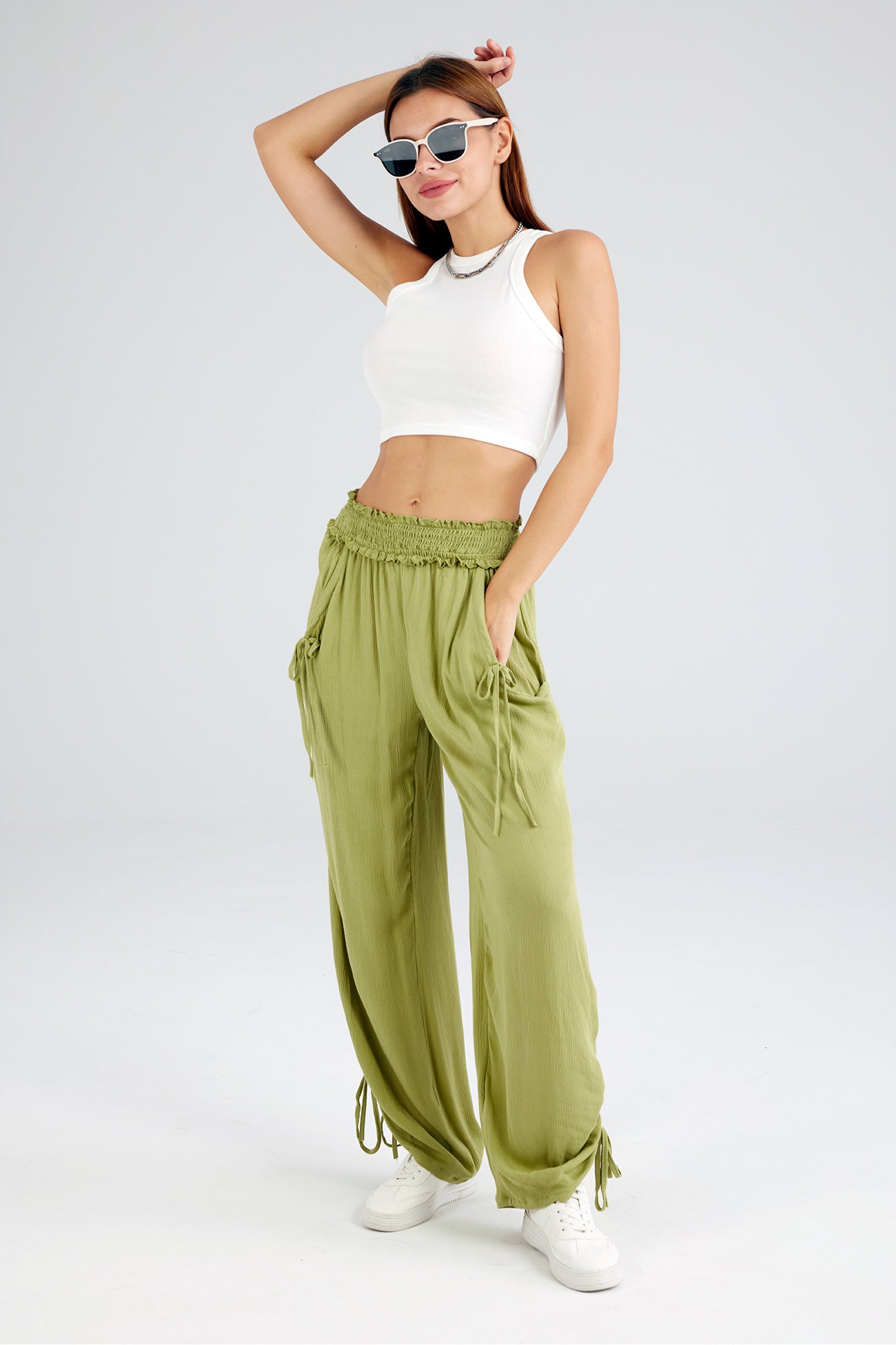 Drawstring Shirred Waist Wide Leg Trousers