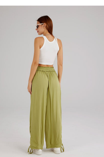 Drawstring Shirred Waist Wide Leg Trousers