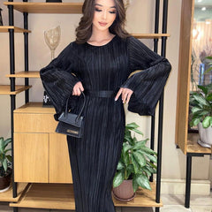 Dress round Neck Tied Horn Long Sleeve Long Pleated Dress