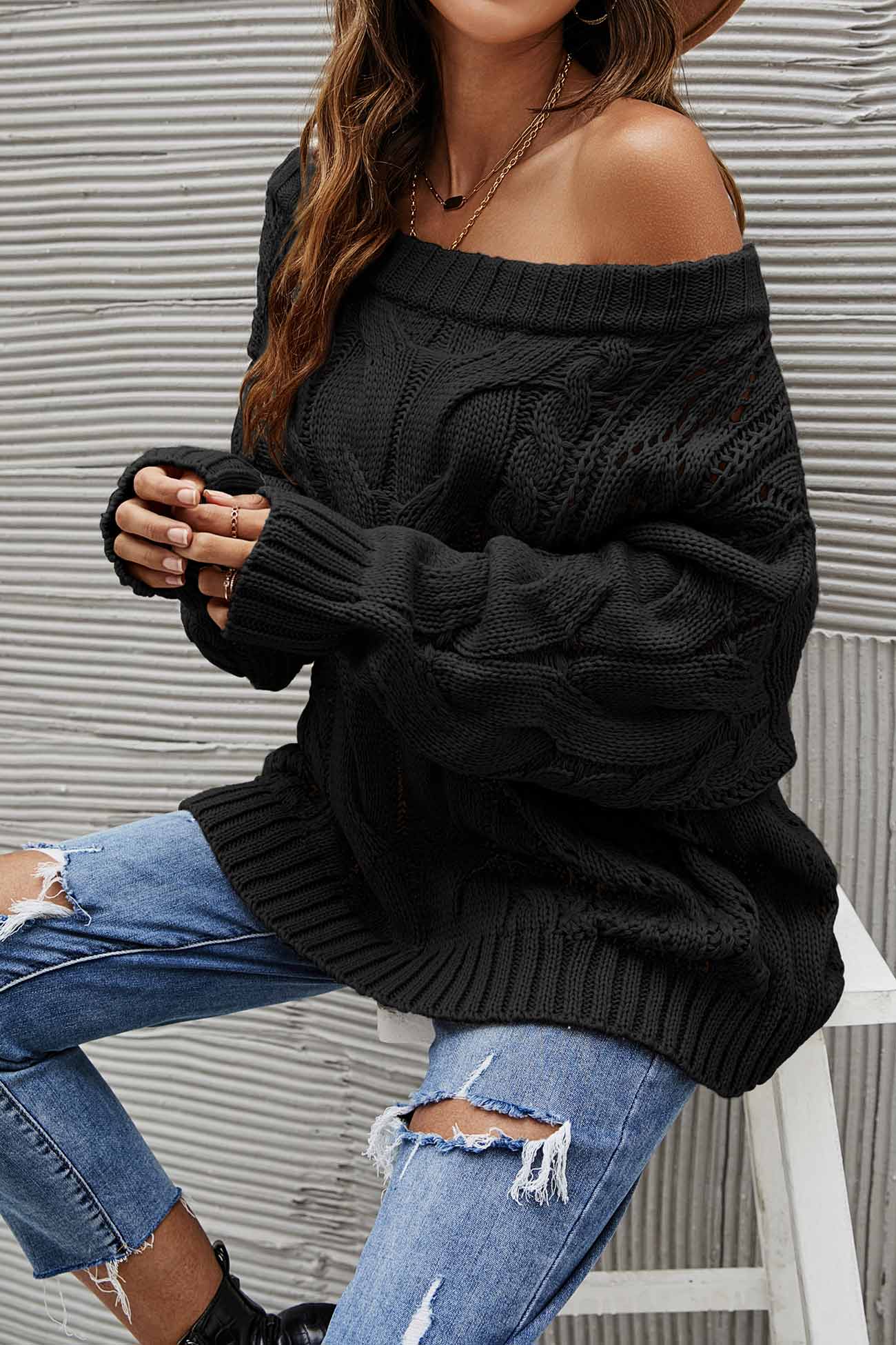 Drop Shoulder Hollow Out Cable Knit Sweater