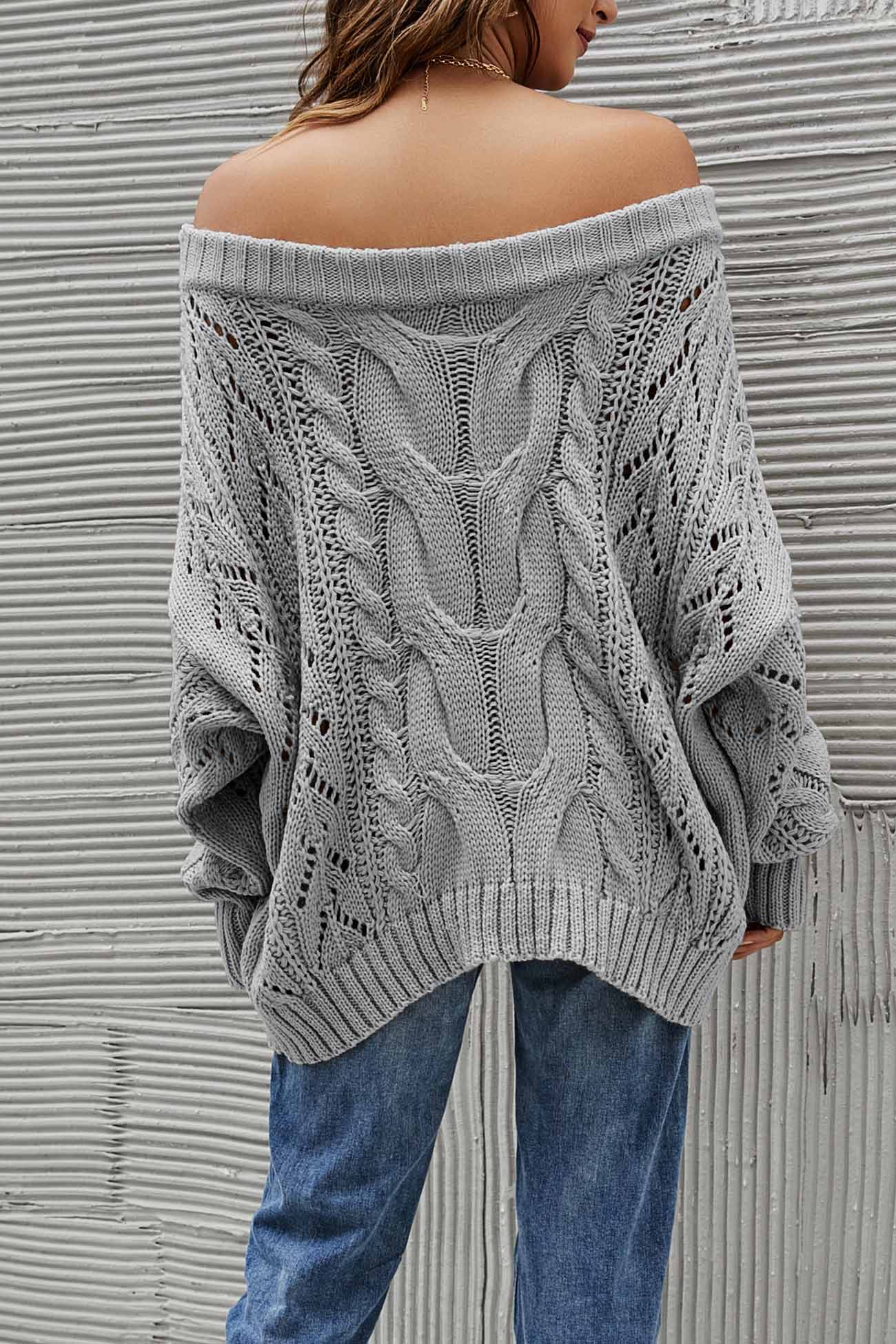 Drop Shoulder Hollow Out Cable Knit Sweater