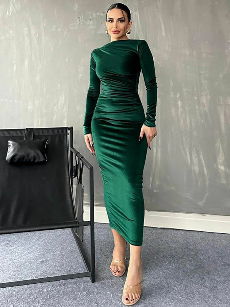 Velvet Long Sleeve Midi Dress - Elegant Party Clothes for Christmas Party