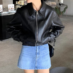 Chic Red Zipper Pu Leather Coat Coats-241208