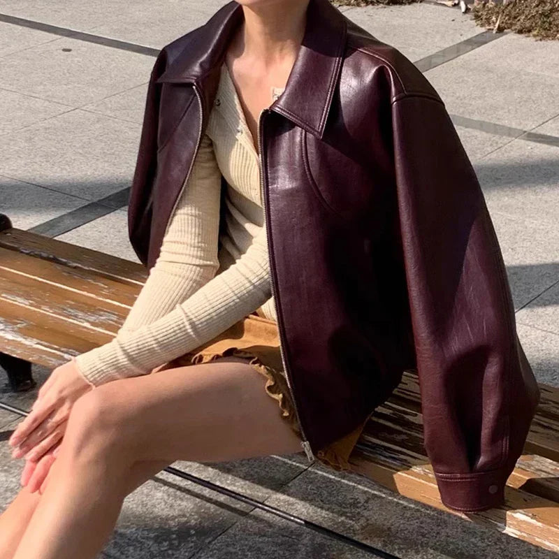 Chic Red Zipper Pu Leather Coat Coats-241208