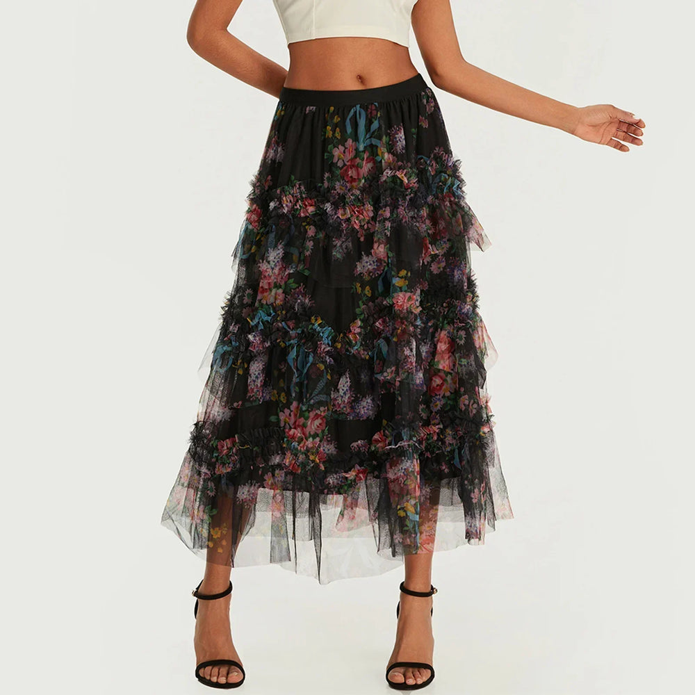 Early Fall Floral Print Ruffle Mesh Skirt Women A-line Midi skirt-250126