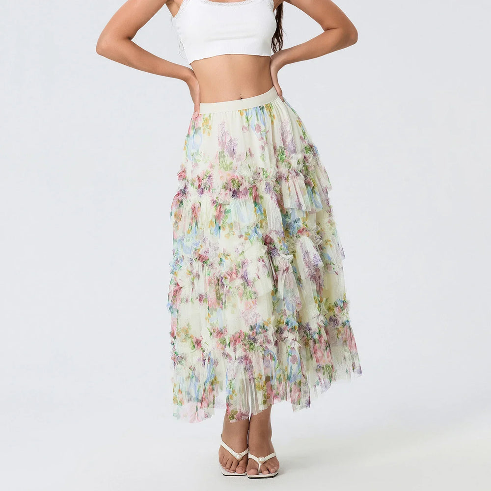 Early Fall Floral Print Ruffle Mesh Skirt Women A-line Midi skirt-250126