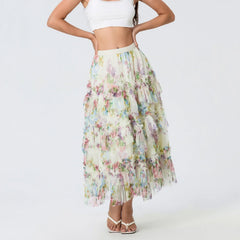 Early Fall Floral Print Ruffle Mesh Skirt Women A-line Midi skirt-250126