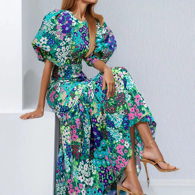 Elegant Blue Floral Lantern Sleeve Dress oldfloraldress-250126
